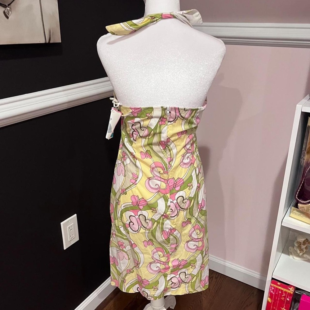 Y2K DEADSTOCK1960s Style Pink & Green Paisley Heart Butterfly Halter Dress Small - Picture 4 of 8